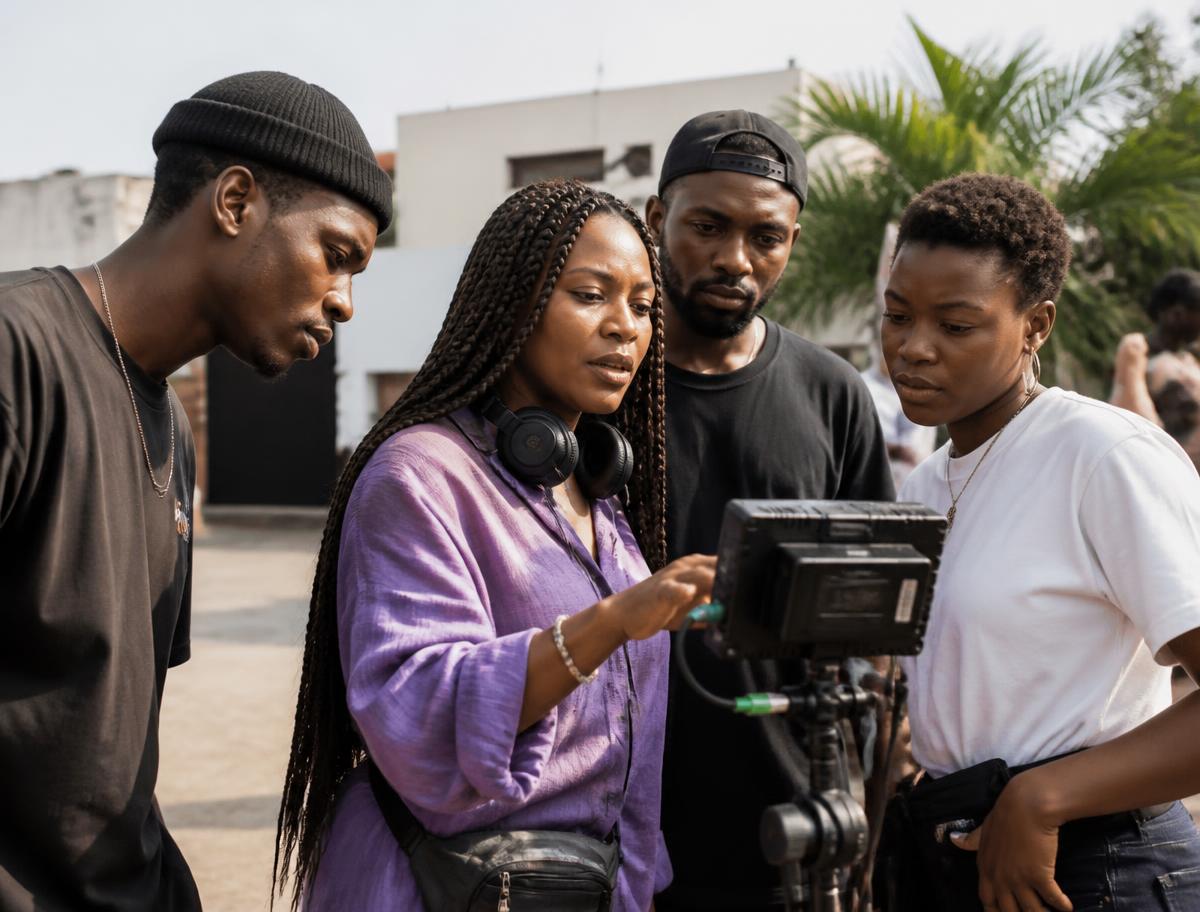 African film director and crew reviewing a camera monitor